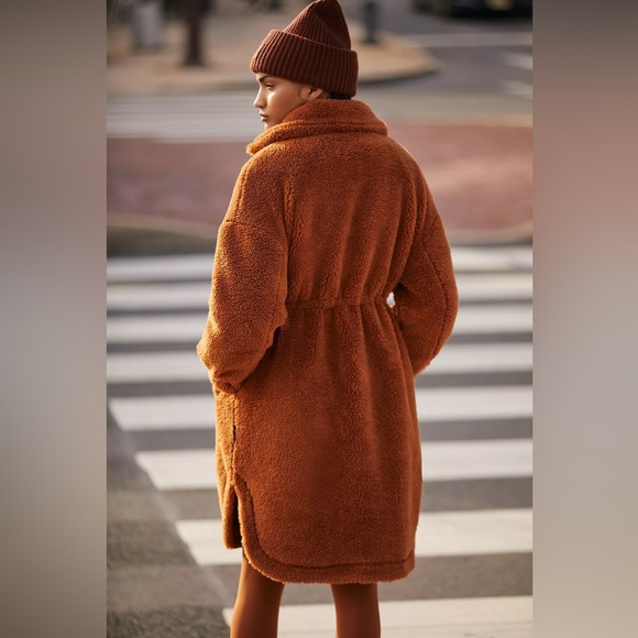 Varley Jones Sherpa Coat Medium Caramel Cafe New Long Teddy Jacket Rust - Picture 5 of 13